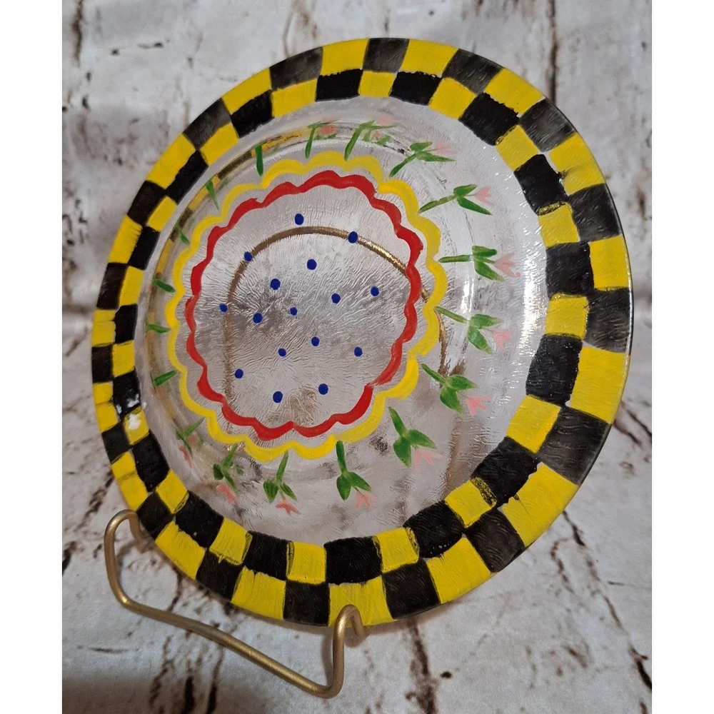 Vintage 1960's MacKensie-Childs Reverse Hand Painted Fused Glass Tulip Plate - Picture 6 of 12